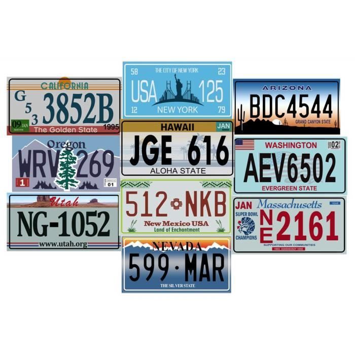Lot de 10 PLAQUES D IMMATRICULATION de Voiture USA en m/étal avec Effet Vieilli Old1+Old2 r/épliques de Vraies plaques am/éricaines