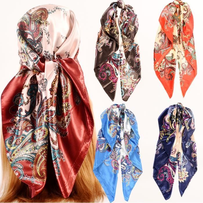 Lot de 4 Foulard Carré Femme 90cmx90cm Femmes Écharpe Foulard en soie Écharpe de Tête en Satin Grand Carré Satiné Foulard