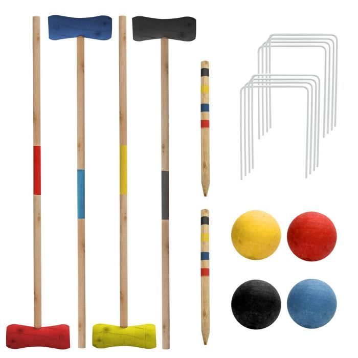 Jeu de Croquet 4 Joueur Maillet en Bois Crochet Crochet Cheville Jeu en