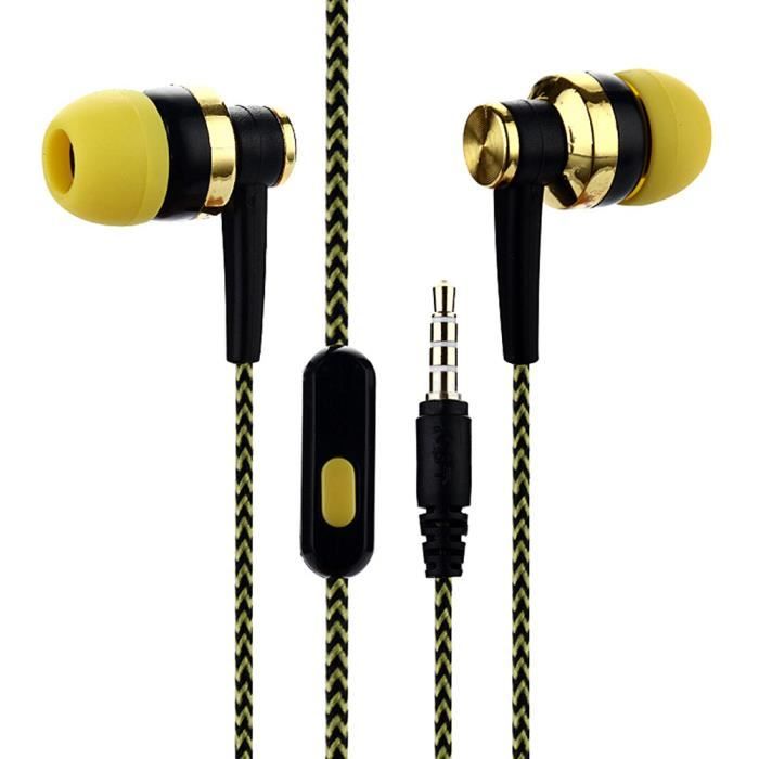 Écouteurs filaires musique avec caisson de basses avec microphone jaune