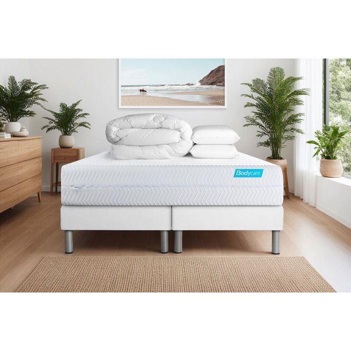Ensemble sommier matelas 160x200 Biocare Mémoire de forme - 26 cm - Equilibré - double sommiers blanc + 2 oreillers + couette