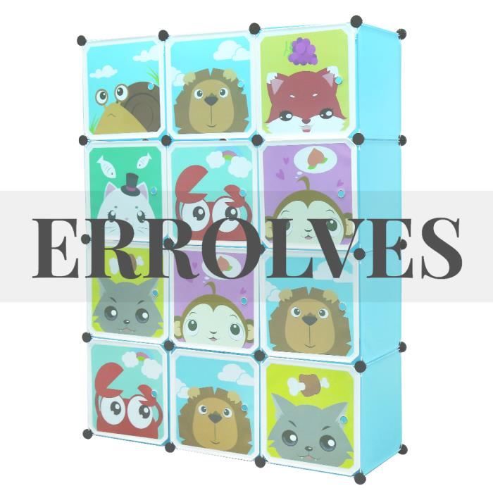 ERROLVES - ARMOIRE DE CHAMBRE ARMOIRE DE DESSIN ANIMÉ EN PLASTIQUE (2 TRINGLES) 4 ÉTAGÈRES 12 PORTES 111*37*147CM BLEU. ​