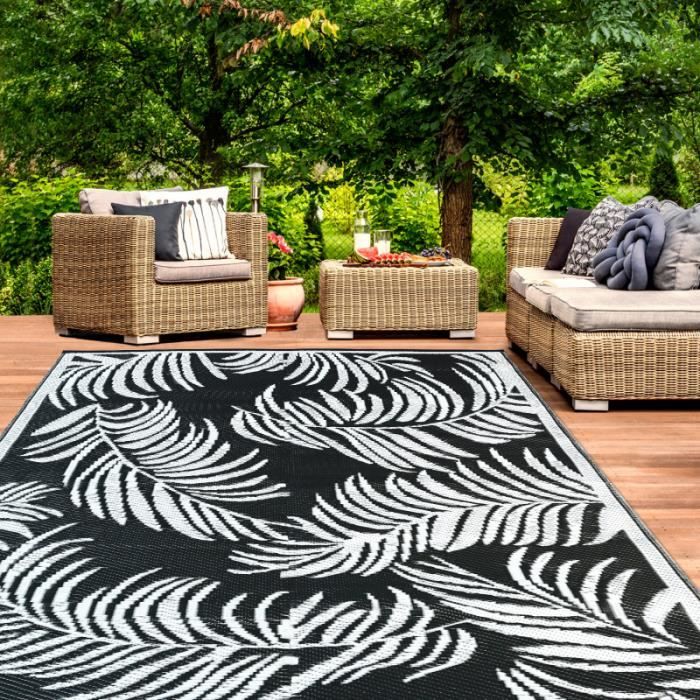 Tapis extérieur COCO - IDMARKET - Noir et blanc - Motifs tropicaux - 180 x 280 cm