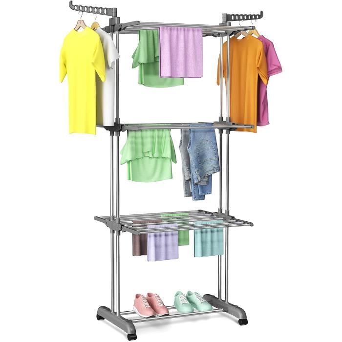Séchoir à Linge 3 Niveaux Avec Roues - Étendoir Pliable 168cm, Capacité 40kg, Ailes Supplémentaires