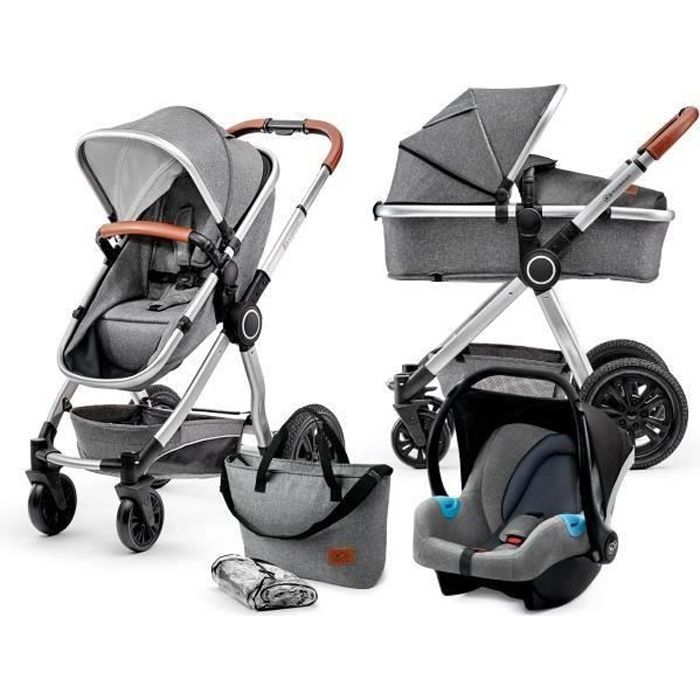 Kinderkraft Poussette 3 en 1 VEO Nacelle, poussette, Siège-auto et accessoires - Coloris : Gris