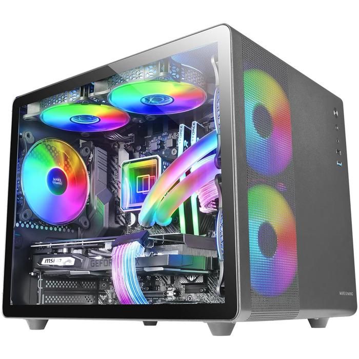Mars Gaming MC-400 Noir Boîtier Gaming Compact Micro-ATX Fenêtre Latérale Complète Verre Trempé 3x Ventilateurs FRGB 120mm