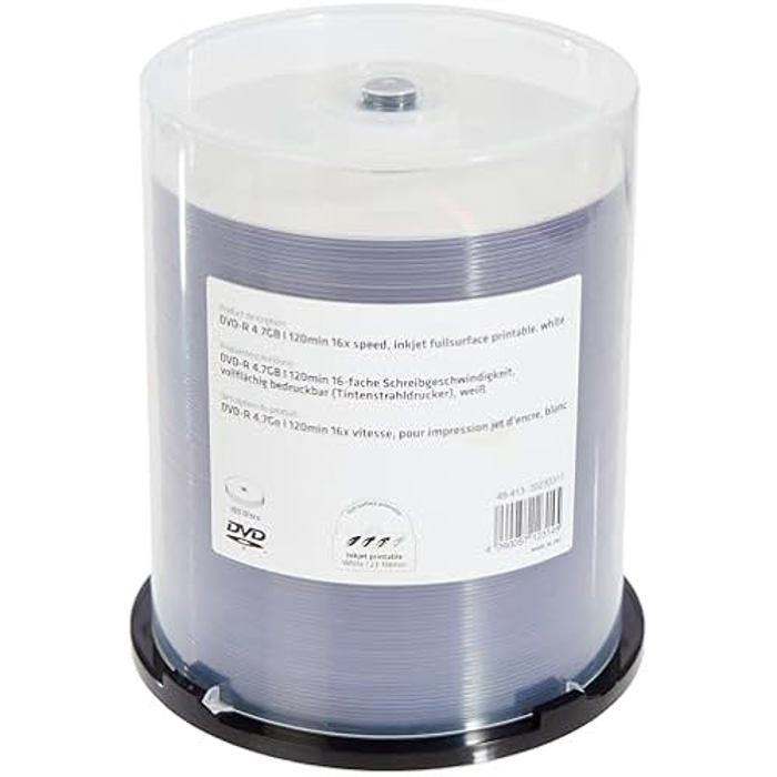 MediaRange Inkjet Fullsurface Printable 100 x DVD R 4.7 Go 16x surface imprimable par jet d'encre spindle - vue 2