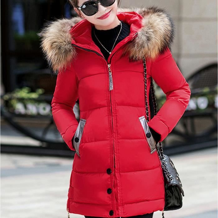 Doudoune longue confortable capuche pour femmes en hiver rouge