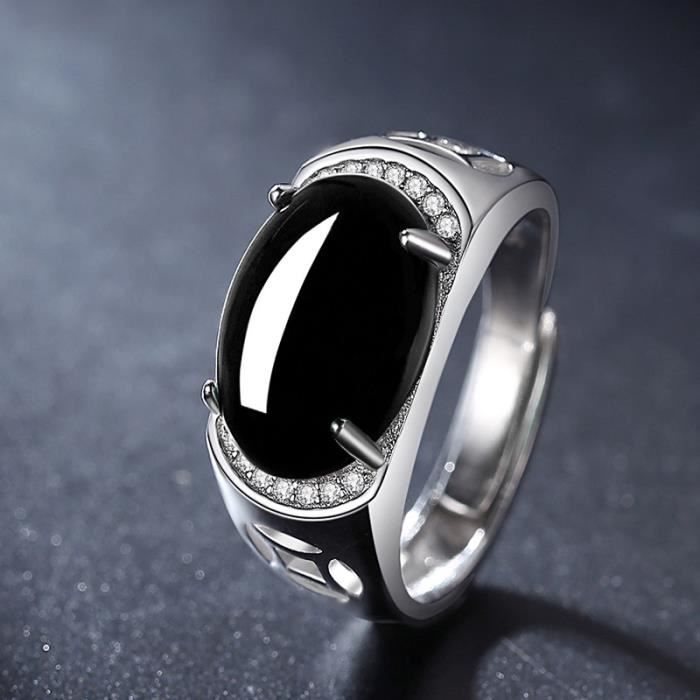 Bague réglable en argent 925 pour homme avec onyx noir naturel et oxyde de zirconium ovale