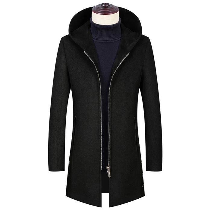 Manteau Laine Homme Capuche Mi longue Zippe Epais Hiver Couleur