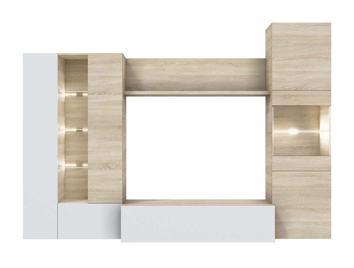 Meuble TV coloris Blanc Brillant - chêne Canadien en mélamine - Dim : 185 x 260 x 42 cm Meuble TV coloris Blanc Brillant - chêne Canadien en mélamine - Dim : 185 x 260 x 42 cm