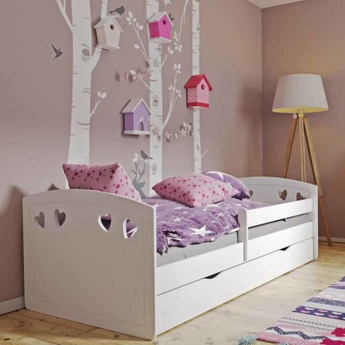 Lit Enfant Avec Barriere De Securite Derata 140x80 Cm Blanc Avec Tiroir De Rangement Cdiscount Maison