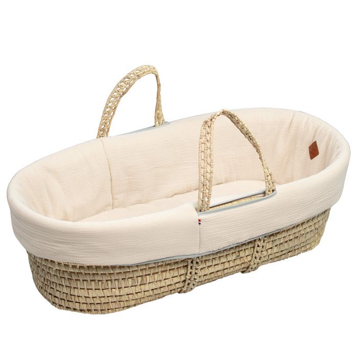 Wiklinopol Couffin Bébé Avec Support En Bois Et Roulettes Annabell – Berceau En Osier Avec Matelas Et Linge 5 Pièces Mousseline Beige – Poussette De Lit Blanc Pour Nouveau-né