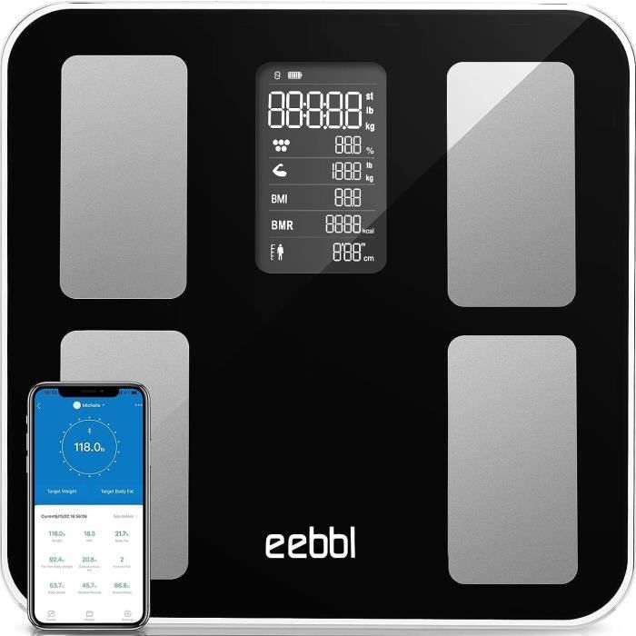 eebbl Balance Pese Personne, Balance Connectée Bluetooth Pèse Personne Impédancemètre, Balance Impedancemetre avec 14 Données[S71]