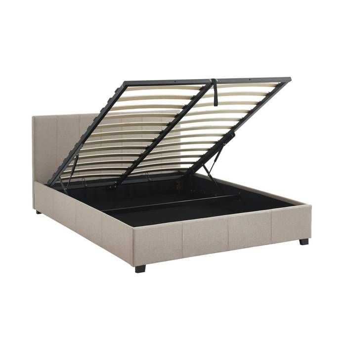 Lit coffre avec sommier à lattes et tête de lit. finition tissu beige. L 202 x P 148 x H 86cm