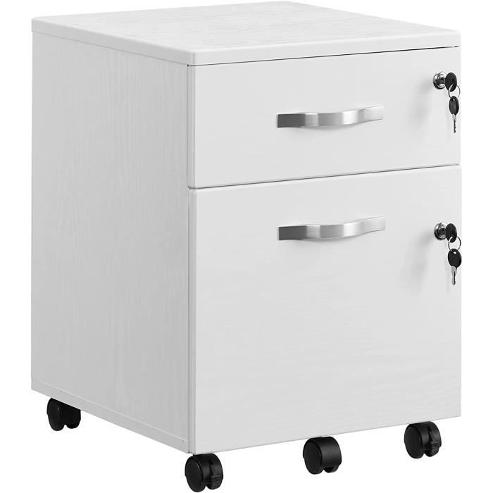 caisson bureau - vasagle - petit meuble de rangement mobile - 2 tiroirs - blanc - panneau mdf, pvc