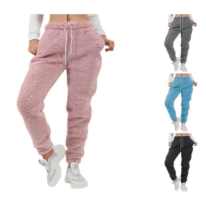 Pantalon Jogging Chaud Femme Polaire Hiver Rose Bas de Pyjama Souple D interieur Crayon Trousers