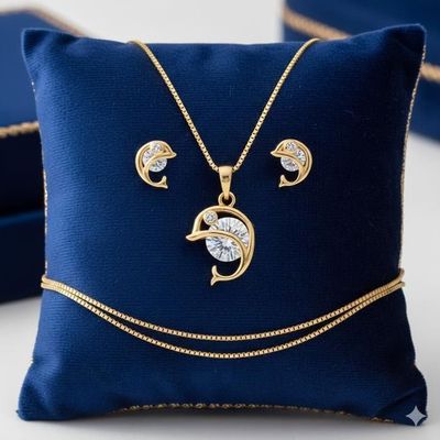 Parure Enfant Dauphin - Collier, Boucles D'oreilles, Pendentif - Or Jaune GF 750 Et Zircon Blanc