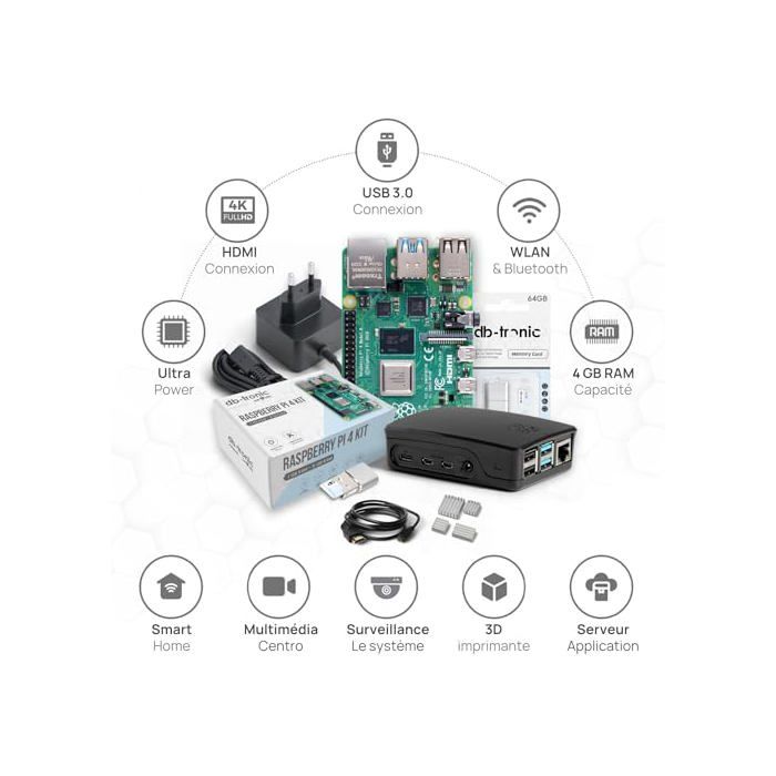 Kit de démarrage Raspberry Pi 4 - db-tronic - 4 Go RAM - Alimentation ...