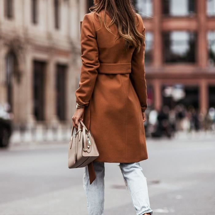 Femme Double Boutonnage Trench Coat Tunique Avec Ceinture Hiver