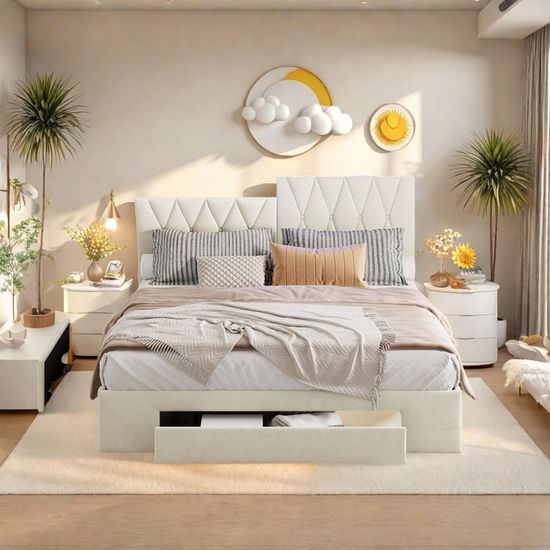 Lit Coffre Capitonné Dalia 160x200 Cm – Avec Sommier, Matelas H3, Surmatelas Et Rangement Intégré, Velours Crème