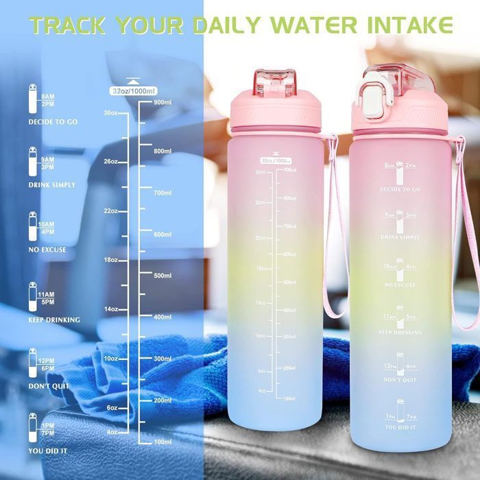 Gourde Tritan 600 Ml – Sans BPA, Avec Paille, Marqueur De Temps Et échelle Ml, Pour Fitness, école, Yoga, Extérieur – Rose/jaune