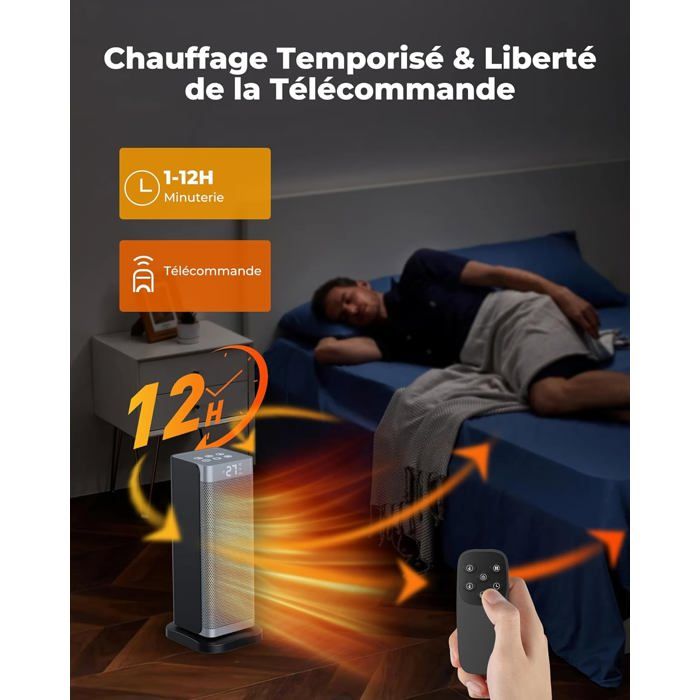 Chauffage D'appoint Fitabok 2000W PTC - Céramique, Silencieux, Télécommande, Sécurité Anti-bascule - Pour Chambre, Bureau, Salon