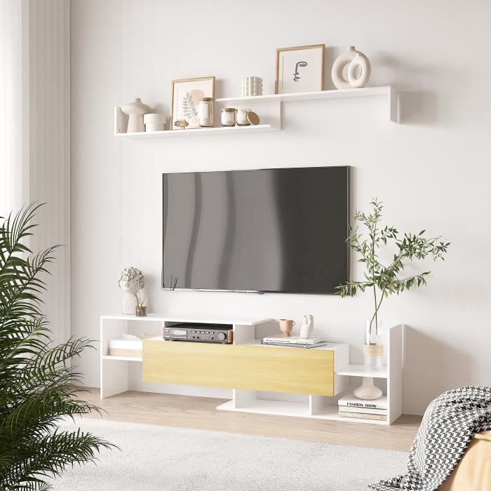 HOMCOM Ensemble meuble TV avec banc et étagère murale style contemporain  153,6H cm - blanc - Cdiscount Maison