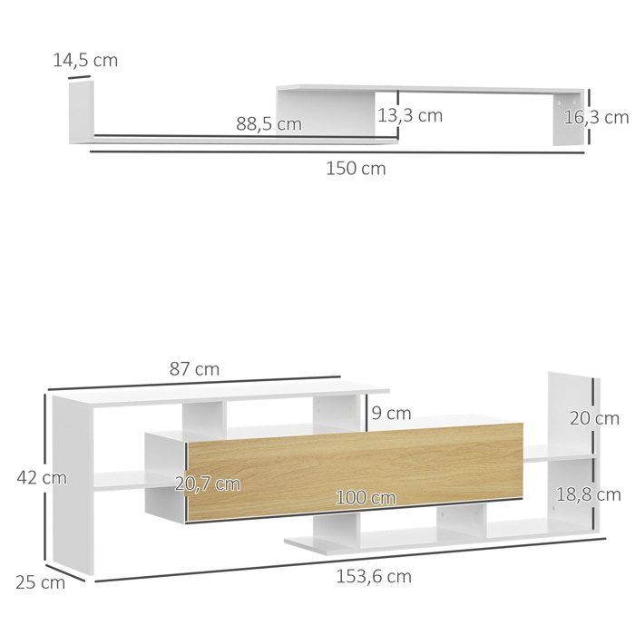 HOMCOM Ensemble meuble TV avec banc et étagère murale style contemporain  153,6H cm - blanc - Cdiscount Maison