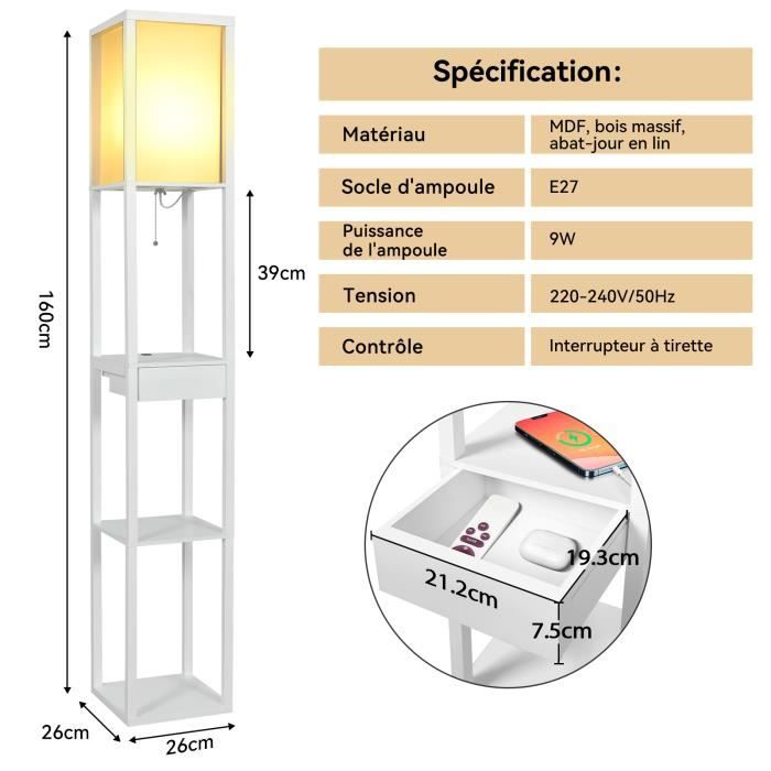 OUTON Lampadaire Trépied Avec étagères, Lampadaire Moderne à étagères Avec Télécommande,4