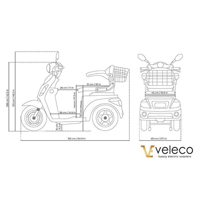 Scooter électrique 3 Roues VELECO ZT15 900W - Bleu, Autonomie 45-60 Km, Pour Adultes Et Seniors, Neuf