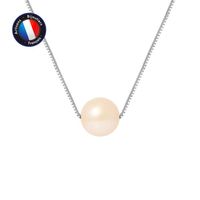 PERLINEA - Collier Perle de Culture d'Eau Douce AAA+ - Ronde 9-10 mm - Rose Naturel - Or Blanc - Bijoux Femme