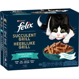 BOITES - PATÉES FELIX Succulent Grill au Saumon, au Thon, au Cabillaud, au Carrelet en Sauce - 12 x 80 g - Pochons pour chats adultes