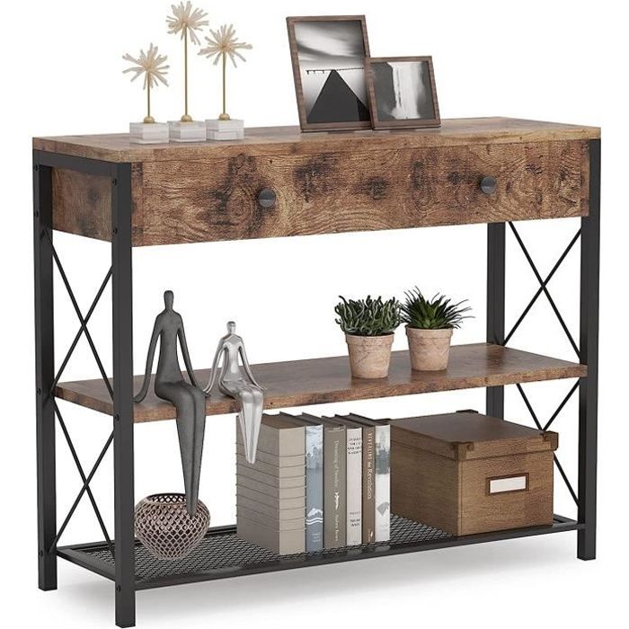 Lanxin Table Console Tiroir Meubles, Table d’entrée Vintage, avec 2 Étagères, pour Couloir, Salon, Chambre, 100x30x80cm