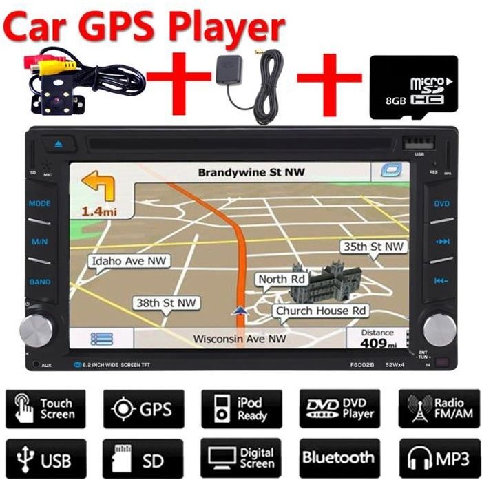 2 Din Écran 6.2’’ Autoradio Bluetooth Tactile HD Navigation GPS DVD/CD/MP3/MP4/Carte SD/USB Multimédia Player+Caméra de Recul
