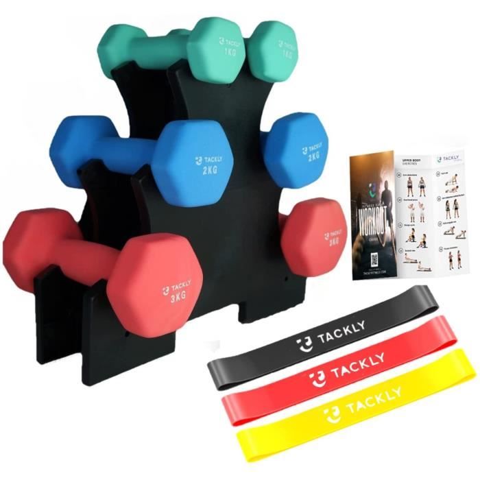 Kit Haltères musculation en Néoprène 1kg 2kg 3kg avec Bande élastique Fitness et support de poids Pack altere fitness materie 73