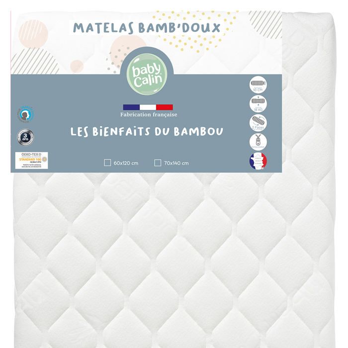 BABYCALIN Matelas de lit 18 Kg/m3 déhoussable Viscose bambou 60x120x10cm