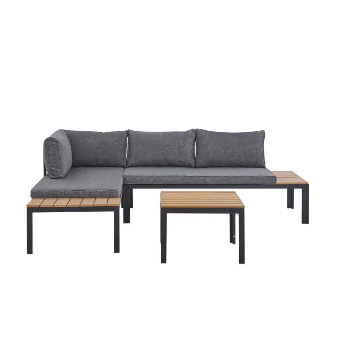 Salon de jardin 4 places en aluminium noir coussins gris PIENZA