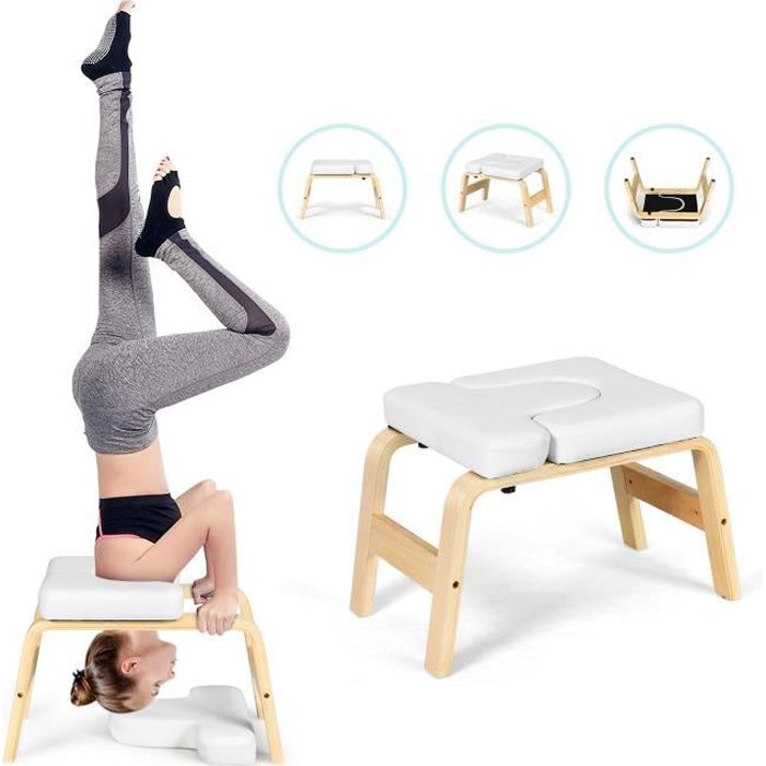 GIANTEX Tabouret d'Inversion de Yoga en Bois et Cuir PVC avec Coussin Amovible pour Entraînement, Fitness et Gymnastique