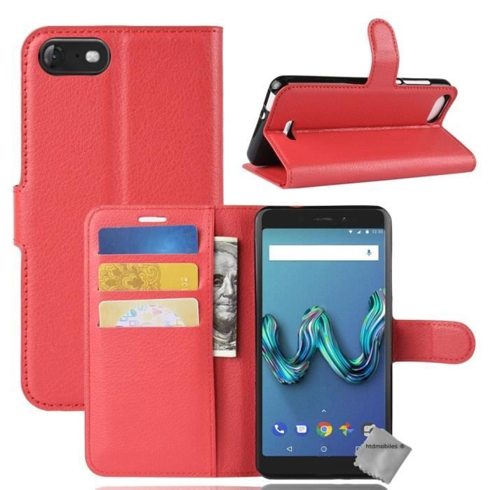 Housse etui portefeuille pour Wiko Tommy 3 + verre trempe - ROUGE