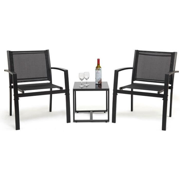 Ensemble Salon de Jardin 3 pcs - 2 Chaises et 1 Table en Verre trempé pour Jardin, Terrasse, Noir - IntimaTe WM Heart