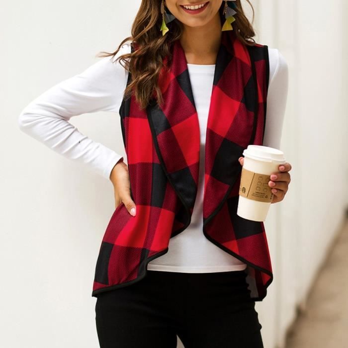 Cardigan gilet sans manches à carreaux avec poches à carreaux