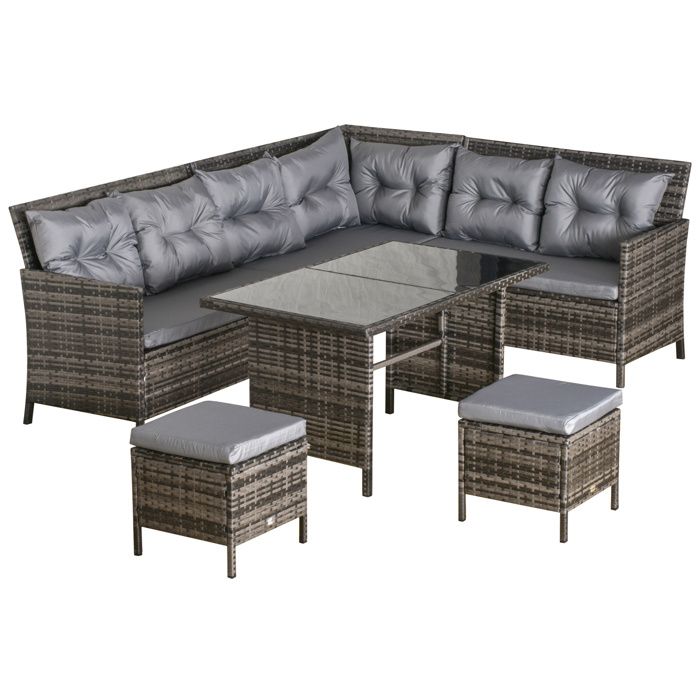 Outsunny Salon de Jardin 8 pers. Grand Confort canapé d'angle + 2 poufs + Table à Manger 12 Coussins Assise & Dossier fournis