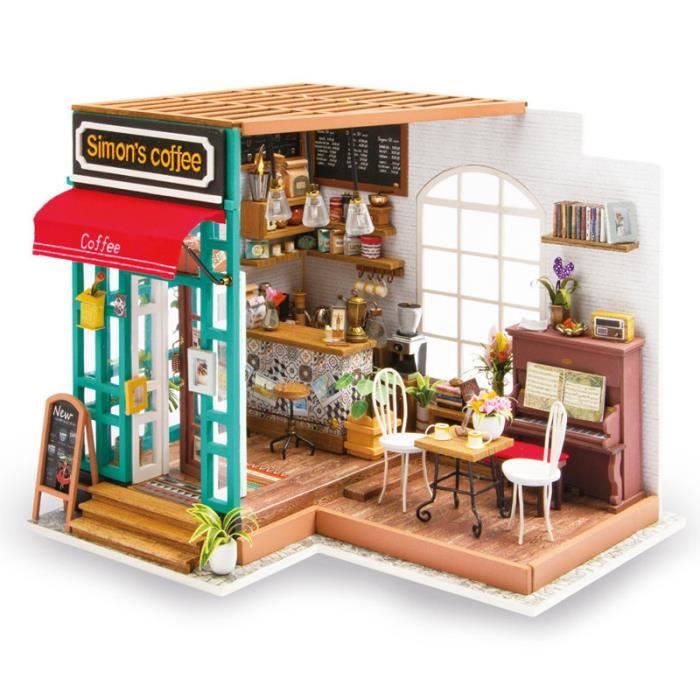 ROBOTIME 3D Maison De Poupée en Bois avec La Maison De Café Miniature De Lumière Bricolage Modèle Kit (Simmon's Coffee House)