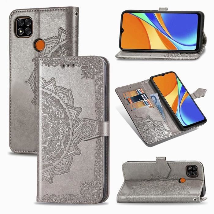 Étui Xiaomi Redmi 9C, Coque Mandala Portefeuille Porte-Cartes Cuir Support Housse Protection, Gris
