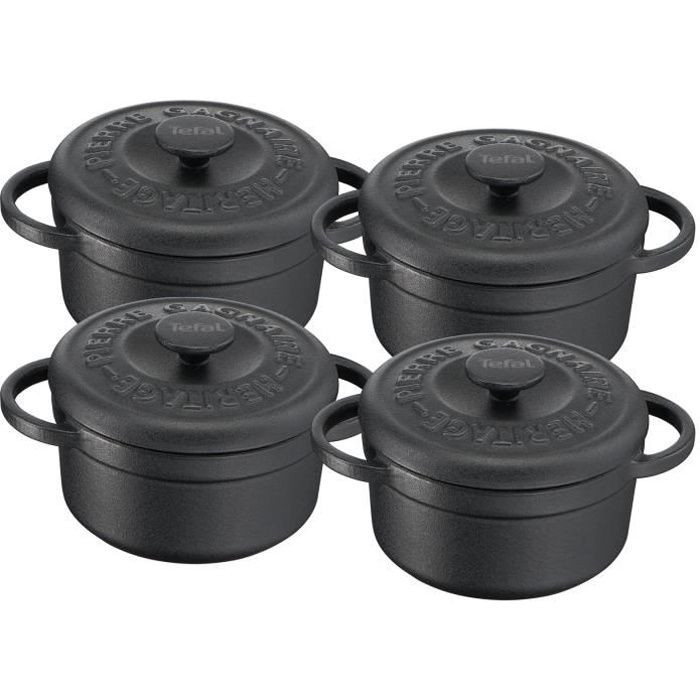 TEFAL E223S404 Set de 4 Minis Cocottes fonte d'acier Pièrre Gagnaire Heritage Ronde - 10 cm - 0,3L - Tous feux dont Induction - Noir