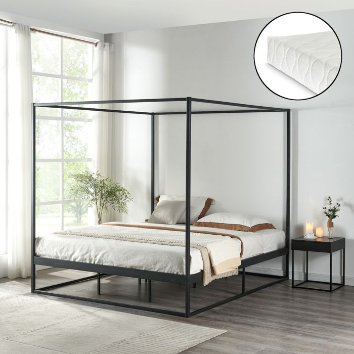 Lit à baldaquin Kristianstad et matelas à mousse froid 160 x 200 cm noir
