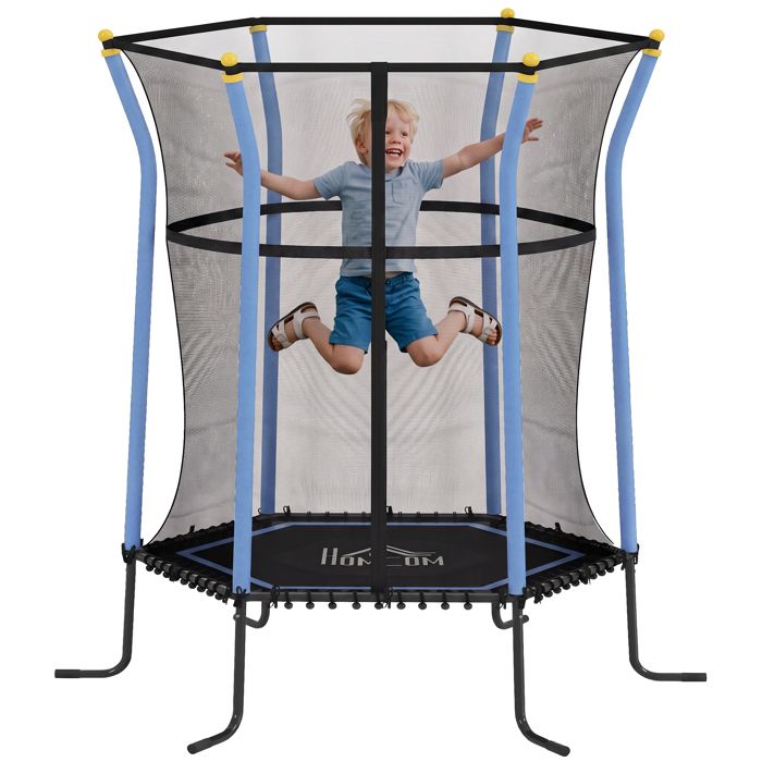 Trampoline pour enfant - HOMCOM - 122 x 111 x 19 m filet de sécurité porte zippée 6 poteaux - acier - bleu noir