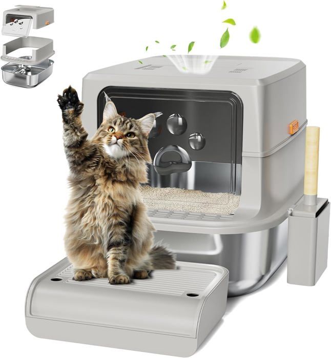 Meilleurs prix pour Bac À Litière Pour Chat En Acier Inoxydable Avec Couvercle 60 X 40 X 39 Cm 47 L Bac À Litière Amovible À Trois Couches En Acier In