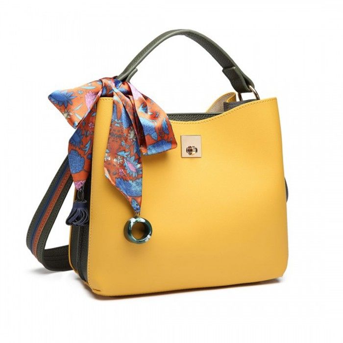Sac à main - 25x11x23 cm - Cuir PU - Écharpe en soie fournie - Jaune